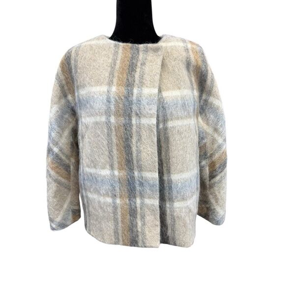 Talbots Plaid Wool Alpaca Mohair Blend Jacket Coat Beige Gray Size Medium - Picture 2 of 12